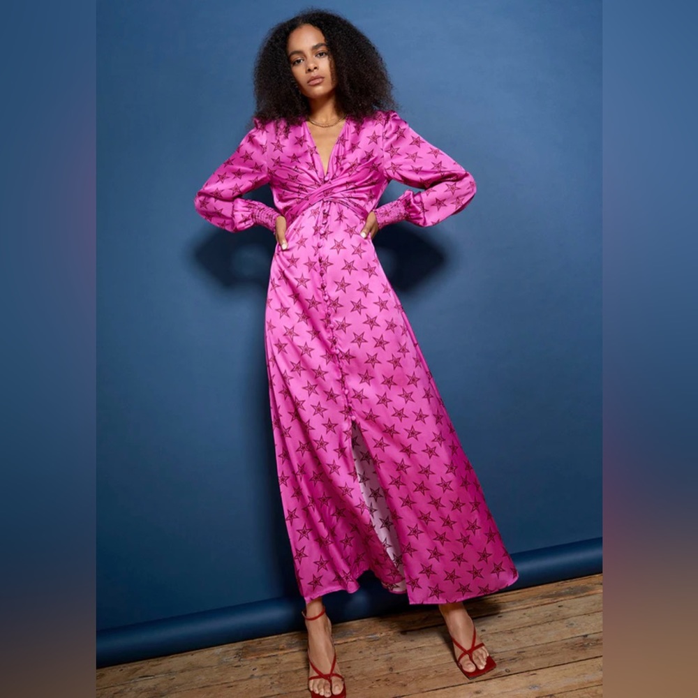 Star-Print Twist Front Maxi Dress in Hot Pink
